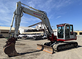 2013 Takeuchi TB1140 Hydraulic Excavator for sale in Sacramento, California. 92.8HP Tier 4 diesel, 2-speed transmission, EROPS cab with AC, heat, AM/FM radio, control pattern selector, auxiliary hydraulics, swing boom, 103" dozer blade, 24" cleanup bucket, hydraulic quick coupler, rubber tracks. 9,224 hours, serial number 514400004.