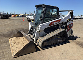 2023 Bobcat T66 Skid Steer Track Loader for sale in Sacramento, California. Diesel, 2-speed, EROPS cab with AC, heat, AM/FM, LCD monitor, rear-facing camera, control pattern selector, auxiliary hydraulics, 73" loader bucket, mechanical quick coupler, rubber tracks. 2,392 hours, serial number B4SB29022.